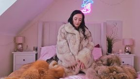Scarlett presents stepdaughter's pink satin nightie and fox fur coat fuck