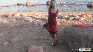 Beautiful teen sucks cock on the beach. POV