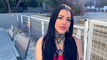 Brunette with tattoos and piercings deep throats cock in casting session