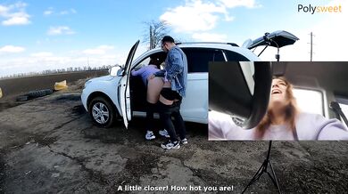 Strapon dominate him in public while his girlfriend watches cuckold