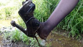 Wet and muddy high heels low boots, boots in mud, boots in swamp, wet pantyhose, wet feet, smelly feet