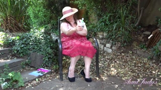 Aunt Judy's - 50yo Busty BBW Rachel lotions-up her BIG NATURAL TITS OUTDOORS