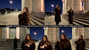 Elegant woman in furs smoking and crushing a marlboro red 100s in Buenos Aires!