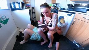 Jennifer Sits On Her Slave On The Kitchen Floor 3