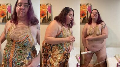 Hairy BBW with small tits masturbates in gold chain using kegel weights