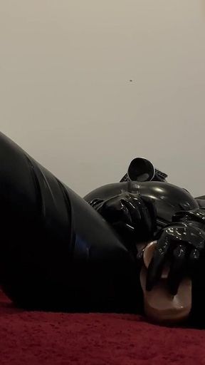 Fuck My Hairy Pussy with Huge Dildo in Latex Suit and Gasmask