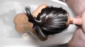 Flat chested Asian ladyboy teen bathtub washing & P-O-V blowjob