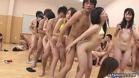 Japanese girls get their mouths and hairy cunts cum filled during crazy orgy
