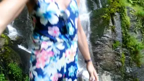 Alexa Cosmic swimming in beautiful waterfall wearing colorful combi dress...