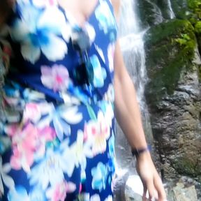 Alexa Cosmic swimming in beautiful waterfall wearing colorful combi dress...