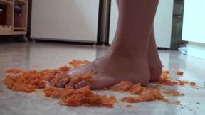 Close up of trampling food in the kitchen