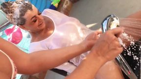 Two sexy hot girls shampoo outdoor shower fun!