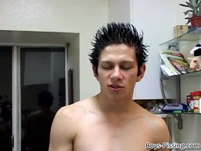 Skinny homo takes soaked in piss clothes off to masturbate