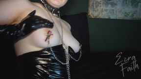 Pvc Glove Slut Masturbating While Gagged and Clamped 4K - Ezra Faith - Shiny