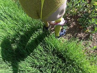 Walking in a yellow field in a yellow stocking