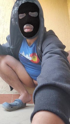 Sitting in the balcony playing with my hard cock. Live stream record of my showing off my man body