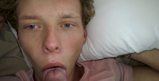 Curly boy shoves huge cock down his mouth in a sensual POV attempt
