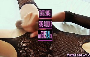 Extra small ladyboy slut stroking her monster cock