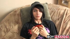 Skinny twink Roxy stuffs dildo and wanks off after interview