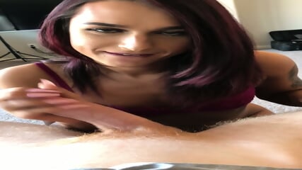 gorgeous t-girl gives her camera-man a backstage blowjob before her scene