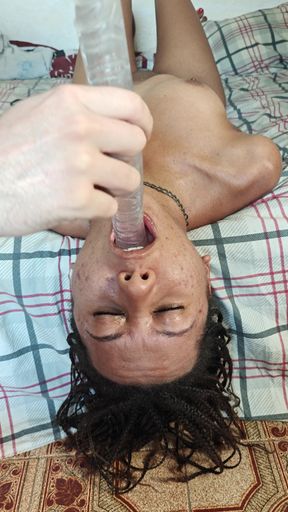Submissive Throat Training with a Huge Dildo