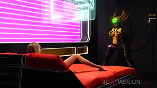Hot shemale sex cyborg fucks hard a college girl in a cyberpunk apartment