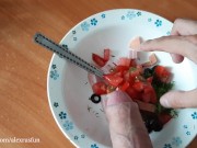 A horny teen with a big dick cooking breakfast for you and fills it with fresh sauce from his sperm