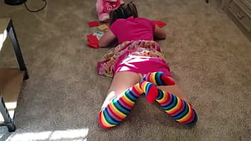 Stepsister caught playing in her room gets teased by her older stepbrother