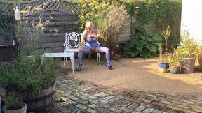 Pee in the garden on white bench