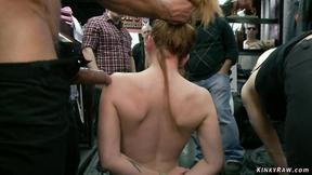 ”Blonde Double penetration screwed in public sex shop”