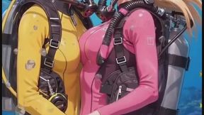 Pink Wetsuit Kerry & Yellow Wetsuit Vicky – Adult Women Dive and Touch Themselves Underwater Part 1