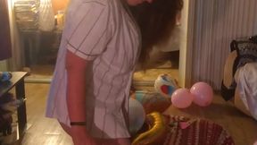 Hot step mom in bra and panties pops balloons with cigarettes, getting her