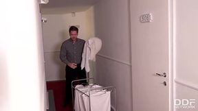 Big titted brunette maid is having sex with two guys at the same time, in the bedroom