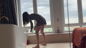 sexy cleaning lady in short dress