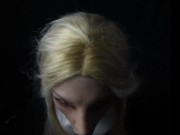 Nun in female mask practices blowjob on strapon