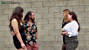 Cumthirsty CFNM babes give BJ to guy