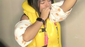 Leather skirt, inflatable vest, and armbands!