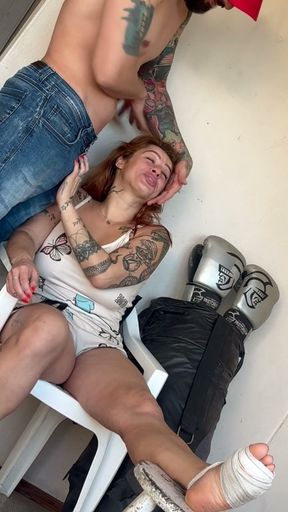 Redhead Legged with Bandaged Foot Gives Full Blowjob and Swallows Cum in Mouth - Deep Throat