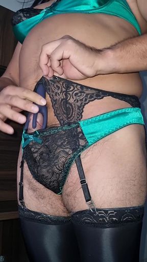 Green Satin Tights with Black Lace, Sissycum with Vibrator