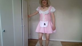 Pink maid's outfit with nude pantyhose and heels