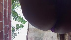 Naughty bbw wife shows off her huge tits and hot hairy pussy outdoors