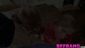 Young blonde duo sucking giftwrapped cock before doggystyle