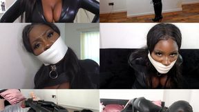 Cute submissive ebony girl zippy, restrained tape gagged and hooded (mp4)