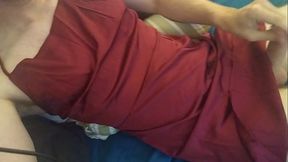 Red satin dress for a cute crossdresser pt.2