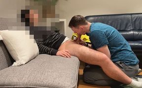 Straight Young Hairy Twink Cums After Edging and Getting Sucked on the Couch