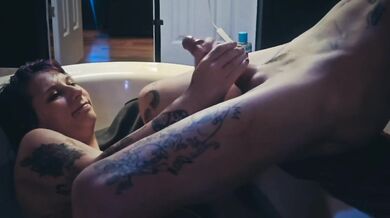 I massage the precum out of his big dick in the tub before getting fucked from behind