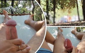 Naked in the Park in the Hammock He Touches My Cock Until I Cum with People Passing Around - Misscreamy