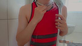 GlitterGiiiirl is Showering in a Swimsuit and Chastity Cage