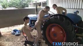 Hard working twinks have an butt banging threesome at the farm