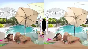 Hotty blondes and sexy VR chick swallow your cock in poolside fun